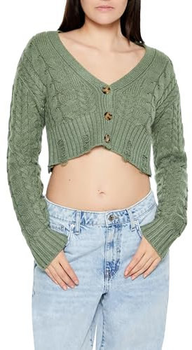 Forever 21 Women's Cable Knit Cropped Cardigan Sweater, Green, Small