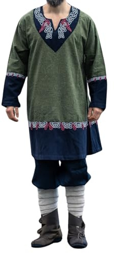 Leonardo Carbone® Unisex Tunika Freydis | Handstickerei | V-Ausschnitt | Karneval, Halloween, Cosplay, LARP, Mittelalter, Wikinger, Kostüm, Gewand | 100% Baumwolle Olive L/XL