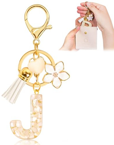 Porte-clés pour Fille Lettre, Porte-clés pour Femme avec Lettre Initiale, Alphabet Pendentif Initiale en Résine, Keyring avec Pendentif Amour et Pampille, Cadeau pour Femme Beige-J