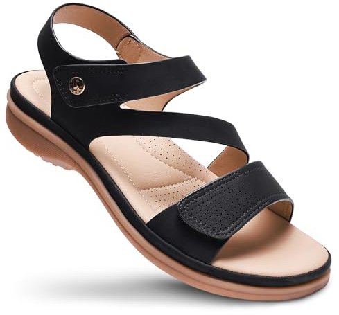 Littleplum Womens Sandals Arch Support – Comfortable Flat Sandals for Women, Summer Breathable Adjustable Orthotic Walking Shoes for Beach,Travel Black Size 9.5