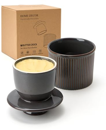 HOME DECOR Striped Reactive Glaze Butter Crock, Large French Butter Dish with Lid for Countertop, Ceramic Butter Keeper with Water Line for Fresh Spreadable Butter-Purple Brown Aurora Glaze