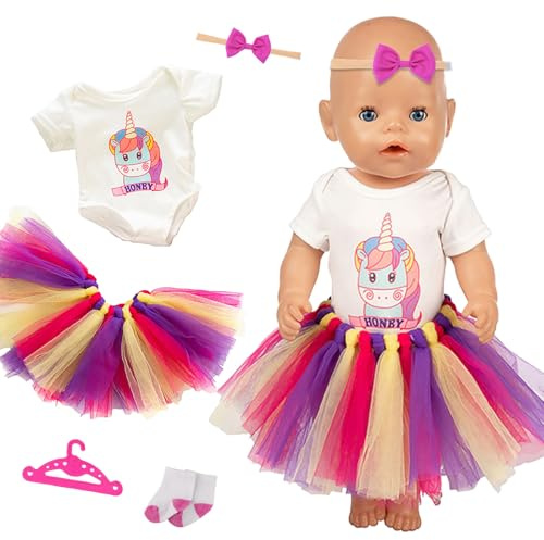 Puppenkleidung für 12-18 Zoll Baby Puppen 5 Stück Puppenkleider mit Strampler + Gazerock+ Schleifen Haarband + Socken + Kleiderbügel Kleidung Puppen Outfit für 35-45cm Puppe puppenkleider Zubehör