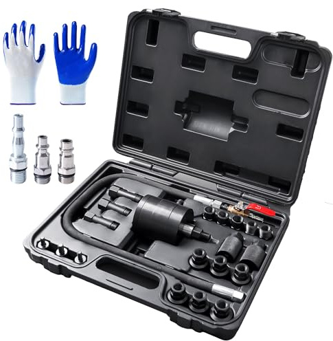 INCENDIOS 24PCS Pneumatic Diesel Injector Puller Set, Air-Powered Injector Removal Tool Kit with 19 Adapters & 3×1/4 Connectors (US/UK/EU), Working Pressure 5–8 Bar, Heavy-Duty Steel Construction
