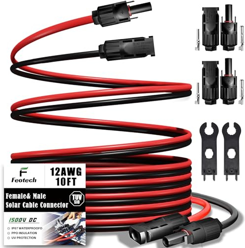 Feotech Doppeldraht-Solarverlängerung, 3 m – 12 AWG (4 mm²) Solarstecker, mit 4 Paaren, IP67-Stecker/Buchse, Solarstecker für Outdoor, Auto, Wohnmobil, Boot, Marine, Solar – Schwarz und Rot