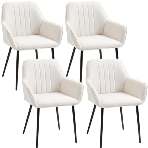 HOMCOM Chaises de Salle à Manger chaises de Visiteur Design scandinave - Lot de 4 chaises - Pieds effilés métal Noir - Assise Dossier accoudoirs ergonomiques Lin Beige