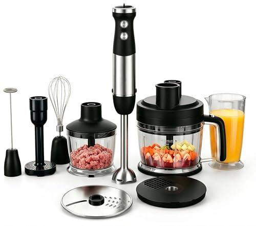 ELECVIVA batidora de mano 9 en 1 1500W, Picadora 2L + batidor, gancho, picadora carne, triturador patatas, discos corte (dados, rodajas, rallar), espumador leche (Plata)