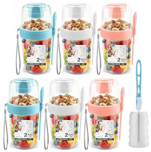 6 PCS Overnight Oats Containers with Lids and Spoons, Reusable Granola & Yoghurt Pot, Fruit Breakfast Pots, Leak-Proof Salad Cups with Sauce Cup, Family Set On the Go Cups for Office, Travel Meal Prep