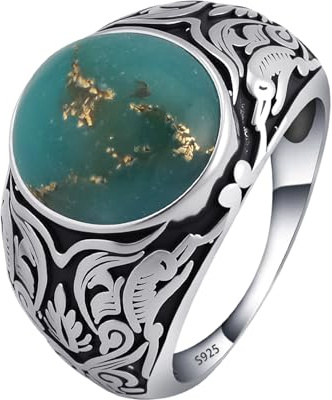 Empha Siegelring Herren 925 Silber mit Ahornblatt Muster Natürlicher Türkis Stein Runder Vintage Ring für Männer Edelstein Ring mit Türkis Stein (US12)