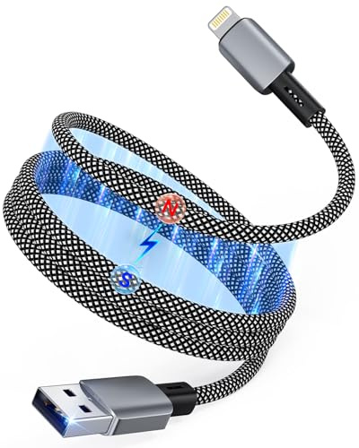 Magnetic Lightning Cable [MFi Certified], 27W Coiled USB A to Lightning Charging Cable, Self Retractable Anti-Tangle i-Phone Charger Cable Nylon Braided Cord, Compatible with iPhone & iPad, 1M