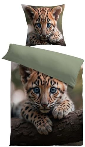 MESANA Microfaser Bettwäsche - Leopard 135x200 80x80 2tlg | 100% Microfaser, Vorderseite mit Fotodruck, Abseite einfarbig dazu passend