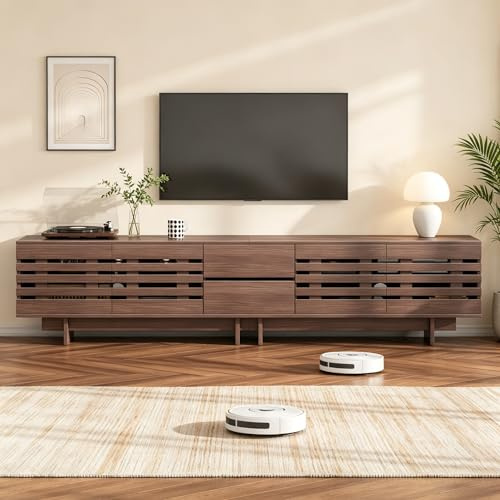 FammyLoft TV-Schrank 200cm bis 80 Zoll, TV-Lowboard Stehend, Nussbaum | 2 Schubladen, TV-Lowboard Stehend mit 6 Staufächer, Kabelmanagement