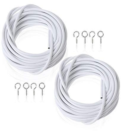 XFORT 2 Pack 4m Lengths Curtain Wire (8m Total) with 4 Pairs of Hooks & Eyes, Multi-Purpose Voile Wire/Cable, Cut to Size Net Curtain Wire. For Hanging Net Curtains Around Your Home. (2 Pack, 4m)