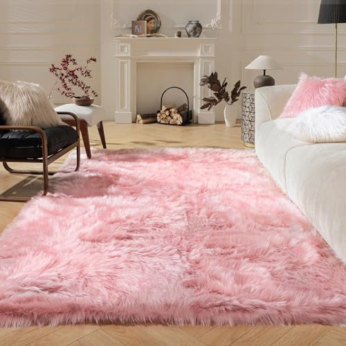 Ashler Tapis en fausse fourrure rectangulaire à poils longs ultra doux, 91 x 152 cm, rectangulaire, lavable en machine, décoration de chambre, chambre d'enfant, salon, rose