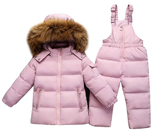 Odziezet vinterkläder för baby/flicka, dunjacka och dunbyxor, vinterjacka med huva, Rosa, 12-18 månader