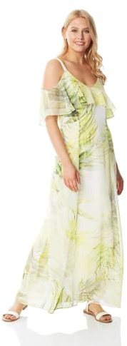 Roman Originals Leaf Print Cold Shoulder Maxi Dress for Women UK - Ladies Loose Boho Bohemian Oriental Summer Evening Occasion Wedding Guests Outfits Long Dresses