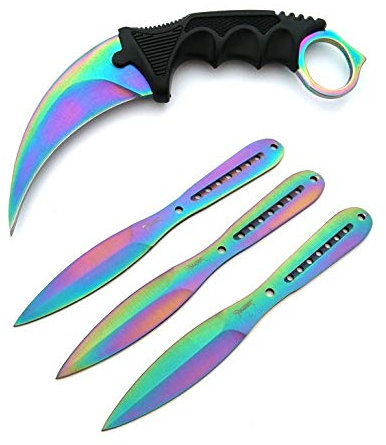 KOSxBO® 4er Messerset Rainbow - 3X Wurfmesser und 1x CSGO Karambit Messer - Gürtelmesser - Taschenmesser - Throwing Knife - Messer mit Scheide - Trainingsmesser