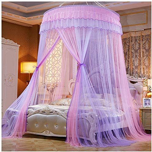 Große Romantische Kuppel Moskitonetz Vorhang Bett Baldachin Runde Prinzessin Traum Betthimmel Deko Moskitonetz Insektenschutz Pink Lila(Höhe:2.7M)