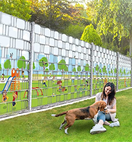 MyMaxxi Felder Zaunsichtschutz | Playing Kids F2 9 Streifen |viele Felder kombinierbar | Sichtschutzstreifen für Doppelstabmattenzaun | Windschutz Sonnenschutz Blickdicht | Sichtschutz Garten