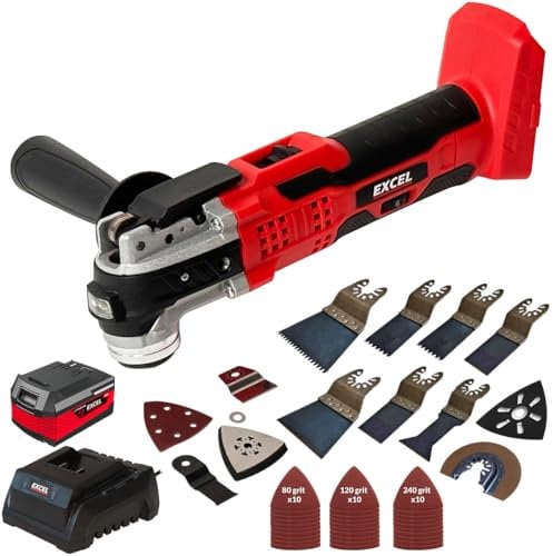 Excel 18V Cordless Oscillating Multi Tool with 1 x 4.0Ah Battery & Charger with 39 Piece Accessories Set - 6 Variable Speed - 3.2° Oscillation Angle - Soft Start - LED Worklight