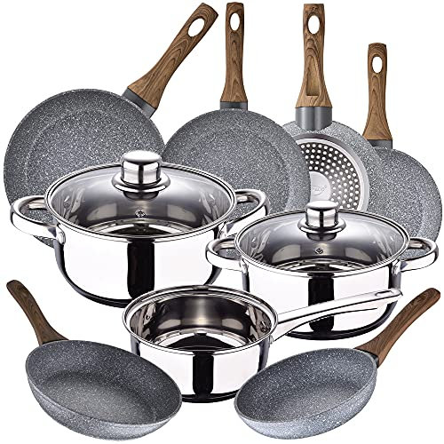 Bateria de cocina 5 piezas SAN IGNACIO Cassel, acero inoxidable, con juego sartenes (18/20/22/24/26/28 cm) SAN IGNACIO Daimiel en aluminio forjado