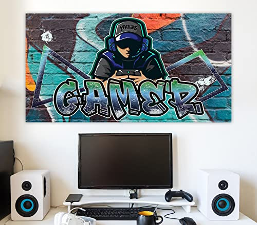 timalo Graffiti Poster Gamer mit Namen für die Wand & Zimmertür | Modernes Wandposter für Jugendliche Kinderzimmer Wandtattoo gaming Geschenke Teeanger Jungs | gamer21-1-B120xH61cm