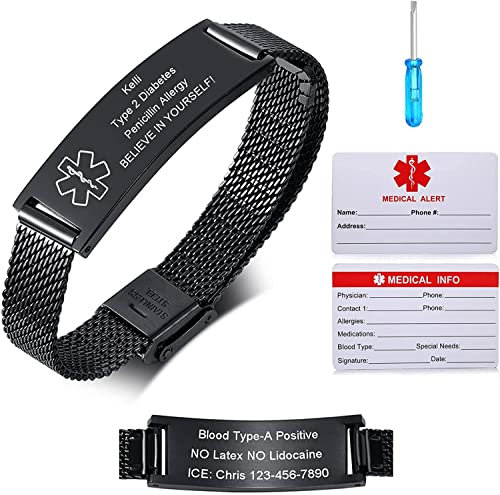 Notfallarmband Medizinisch Damen Personalisiert Uhrenarmband:VNOX Personalisiertes ID Armbänder mit Gravur Verstellbares Medizinischer Armband aus Edelstahl Männer,Schwarz