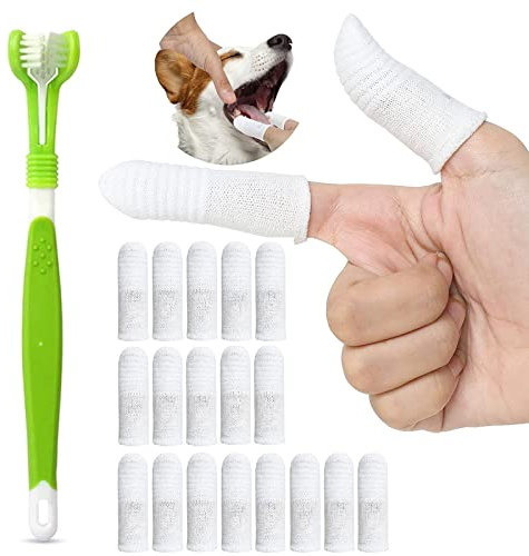 LLGLEU 18 Stück Hundezahnbürste Fingerling, 1 Stück Dreifachkopf-Hundezahnbürsten, Wiederverwendbar Pet Finger Zahnbürste, Fingerlinge Hunde Zahnpflege, 360°Anti-Plaque Finger Hund