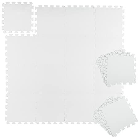 Relaxdays Bodenmatte, 96 Schutzmatten für Sport- & Fitnessgeräte, eingefasst, BxT je Fliese 30x30cm, 8,64m², weiß