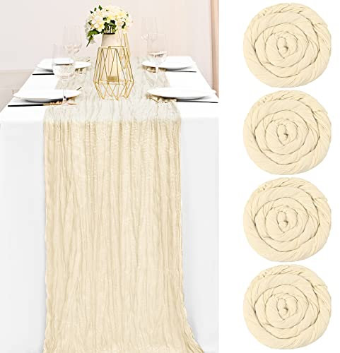 Teruntrue 4 Stück Käsetuch Tisch Läufer Beige Seihtuch Tischläufer, Rustikale Gaze Tisch Läufer Romantischer Halbtransparenter Stoff Tischdecke Tischläufer Boho für Hochzeit Küche(Cream, 300cm)