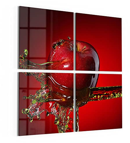 DEQORI Glasbilder Echtglas | Motiv Flüssigkeit trifft Apfel | quadratisch 4-teilig 100x100 cm | große XXL Deko | Wandbilder für Wohnzimmer, Schlafzimmer, Flur & Küche | moderne Wanddeko
