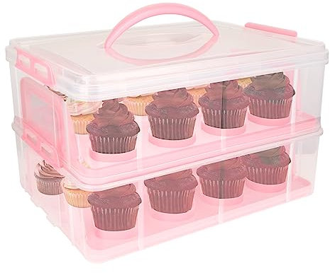 AKOLAFE Cake Carrier Stackable Cupcake Carrier with Handle, 2 Tire Cup Cake Holder Box Muffin Cake Holder Plastic Clear Storage Container Basket Courier with Handle Holds 24 Cakes, Pink