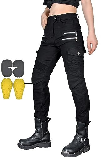CBBI-WCCB Mujer Moto Jeans Motocicleta Pantalones con Almohadilla Protectora (FR/ES, Medida de la Cintura & Longitud de la Pernera, 32, 31, Negro)
