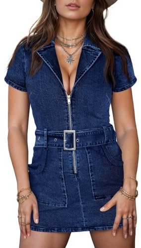 Wenrine Damen Sommerkleid, Denim-Kleid, figurbetont, Reißverschluss vorne, Gürtel, sexy, Mini-Kleid mit Taschen, Blau, X-Groß