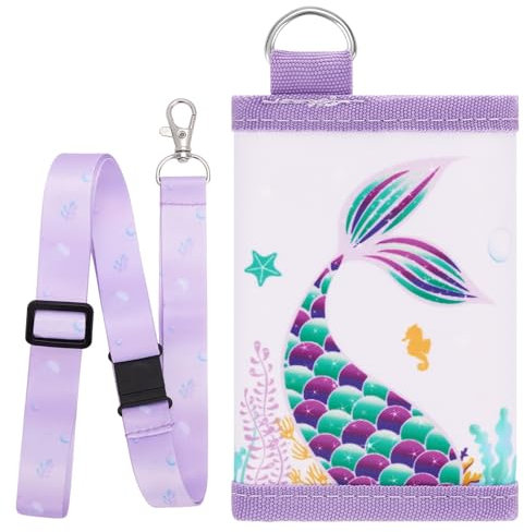 WAWSAM Kinder Geldbörse - Meerjungfrau Brieftasche für Alter 4-12, Trifold mit Schlüsselband, Weihnachten Geburtstag Geschenk, Portmonee