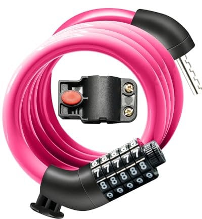 KEYSTP Fahrradschloss-Kabel mit Kombination, hohe Sicherheit, 5-stellig, zurücksetzbar, Zahlenkombination, Diebstahlschutz, Rollerschloss mit Halterung für Fahrräder und Roller (Rosa)
