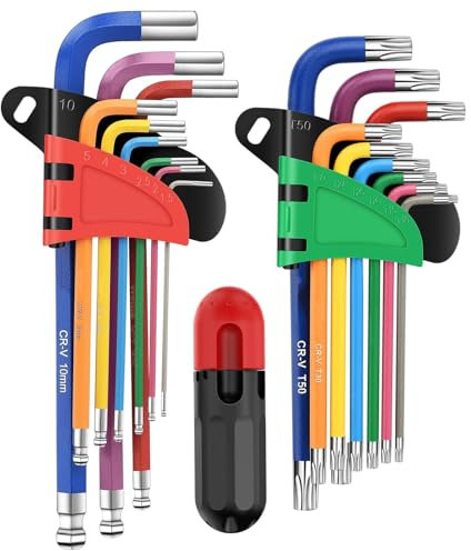 Lot de 18 clés Allen, extrémité sphérique métrique et clé hexagonale Torx/étoile avec code couleur, tailles 1,5 mm-10 mm, T10-T50 pour assemblage de meubles, vélo, moto, bricolage domestique