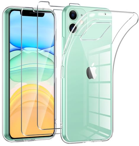Phoona Coque pour iPhone 11 avec 2 Pièces Protection Écran en Verre Trempé,Ultra Transparente Silicone en Gel TPU Souple pour iPhone 11 Couqe,Antichoc Anti-Jaune Etui Bumper
