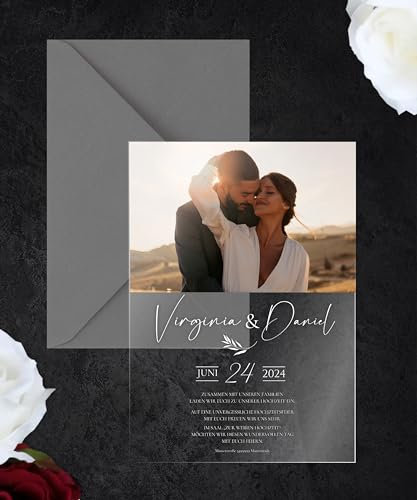 Manschin-Laserdesign Hochzeitseinladungen | Edle Einladungskarten aus Acrylglas für Hochzeit, Geburtstag, Partys - personalisierbar mit Ihrem Wunschtext - mit UV Druck