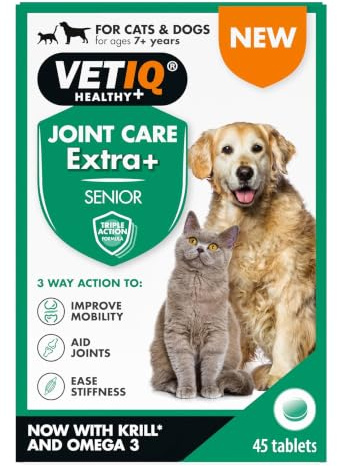 VETIQ Joint Care Extra+ Cat & Dog Mobility & Stiffness Relief Tablets x 45 | Senior Formula with Glucosamine, Chondroitin & Manganese. Krill, DHA Gold & Vitamin E for Ageing Joints