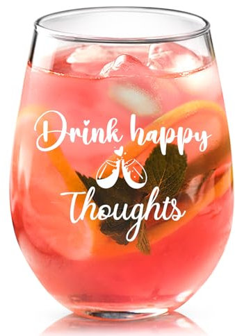 Joymaking Wine Glass for Women - Drink Happy Thoughts, Presents for Friends, Thank You Gift, Sister Gift for Birthday Christmas, 17oz