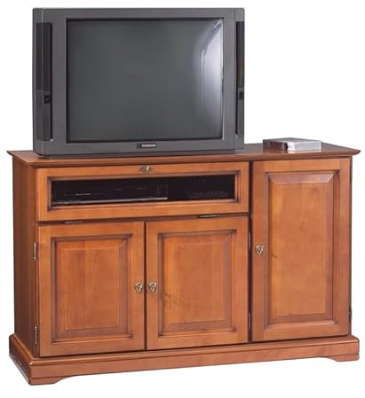 ACTUAL DIFFUSION Meuble TV 55 Pouces Merisier 3 Portes 1 Abattant Vitré L 120.5 H 77 P 46.5 cm