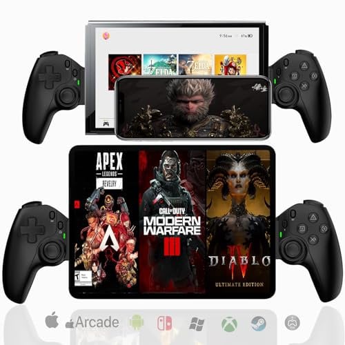 Megadream Mobiles Gamepad für iPhone/iPad/Android/Tablet/Switch/PS4/PC, Kabellos, Ergonomisches Design, Lange Akkulaufzeit, Unterstützt Mehrere Spiele (schwarz)