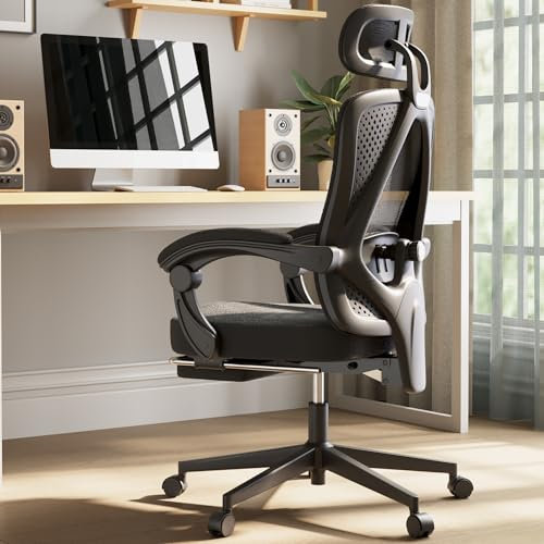 Dowinx Ergonomischer Bürostuhl Mit Kopfstütze, Lendenwirbelstütze, Chefsessel Mit Fußstütze, Höhenverstellbar, Verstellbare Rückenlehne, Mesh, 150kg, Schwarz