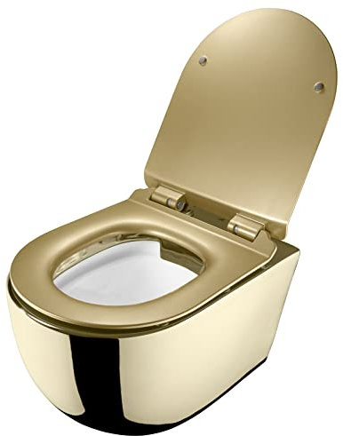 RD Luxury Inodoro colgante sin borde dorado brillante – Inodoro de pared de cerámica con lavabo interior blanco, asiento de inodoro de cierre suave, insonorización y juego completo