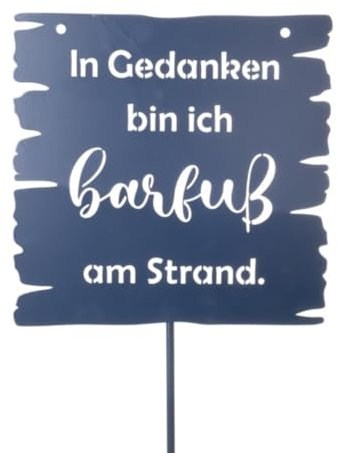 Seaside No.64 - langer, maritimer Gartenstecker - viereckiges Metallschild mit Schriftzug - Geschenkidee zum Einzug oder für Gartenfreunde - Outdoordekoration (In Gedanken barfuß am Strand - blau)