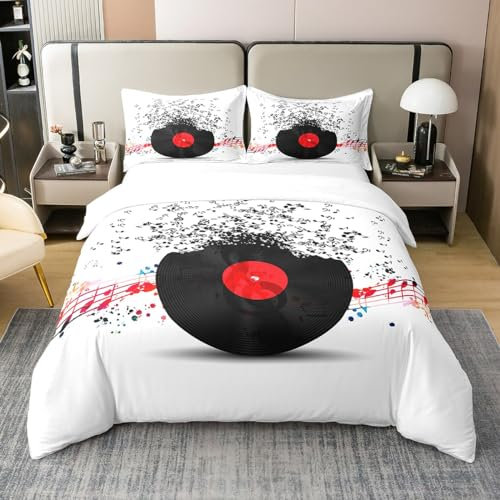 Loussiesd Indie Bettbezug Set Aufzeichnungen Bettbezug Set für Jungen Mädchen Audio Baumwolle Bettwäsche Set 200x200cm Zimmer Dekor Musik Thema Schwarz Weiß Betten Set 3Stück