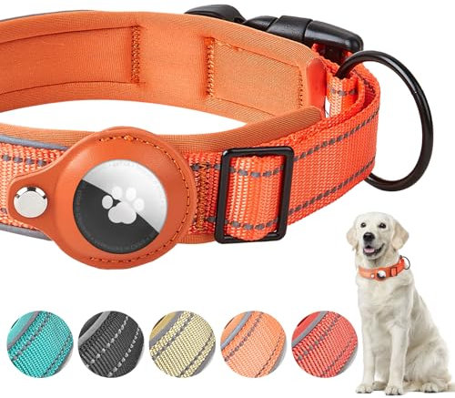 Boloshine AirTag Hundehalsband, Verstellbares Reflektierend Halsband Hund, Integriertes Apple Air Tag Hundehalsband Weich Gepolstertes für Große Mittelgroße Kleine Hunde (Orange, XL)