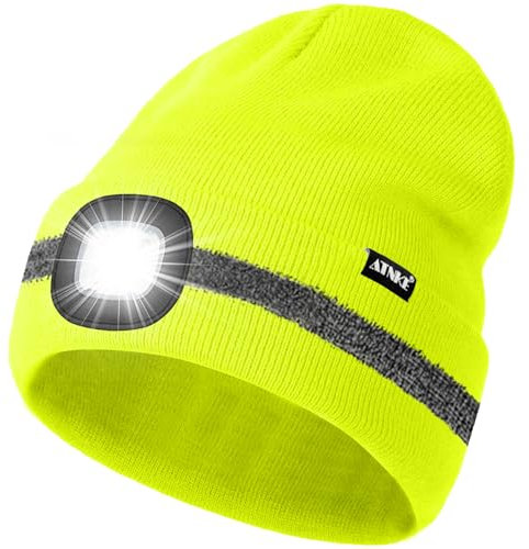 ATNKE LED Mütze mit Licht, Wiederaufladbare USB 4 LED Beleuchtete Laufmütze Extrem Heller Lampe Winter Warme Stricken Mütze mit Reflektierendem Streifen für Herren und Damen Geschenke/FluoresceYellow