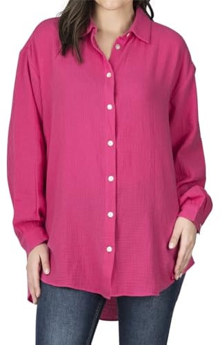 DENIMFY Musseline Bluse Damen Oversized DFMathilda Hemdbluse Sommer Langarm Knopfleiste Einfarbig 100% Baumwolle Pink S-M, Größe:S/M, Farben:Cocktail Pink
