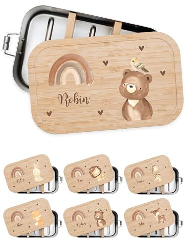 Bärenfreunde® - Personalisierte Brotdose für Kinder mit Spezial-Druck - Robuste Edelstahl Brotdose - Personalisierte Geschenke für Kinder & Erwachsene (Bär Vogel,GROSS Edelstahl)
